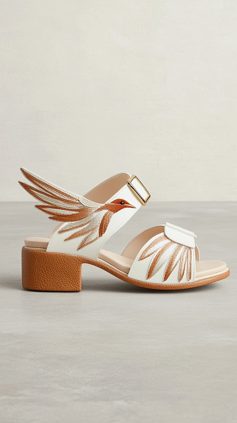 Sandália de salto baixo da série criada com IA e apresentada à Blue Bird Shoes, por Michelle Douglas