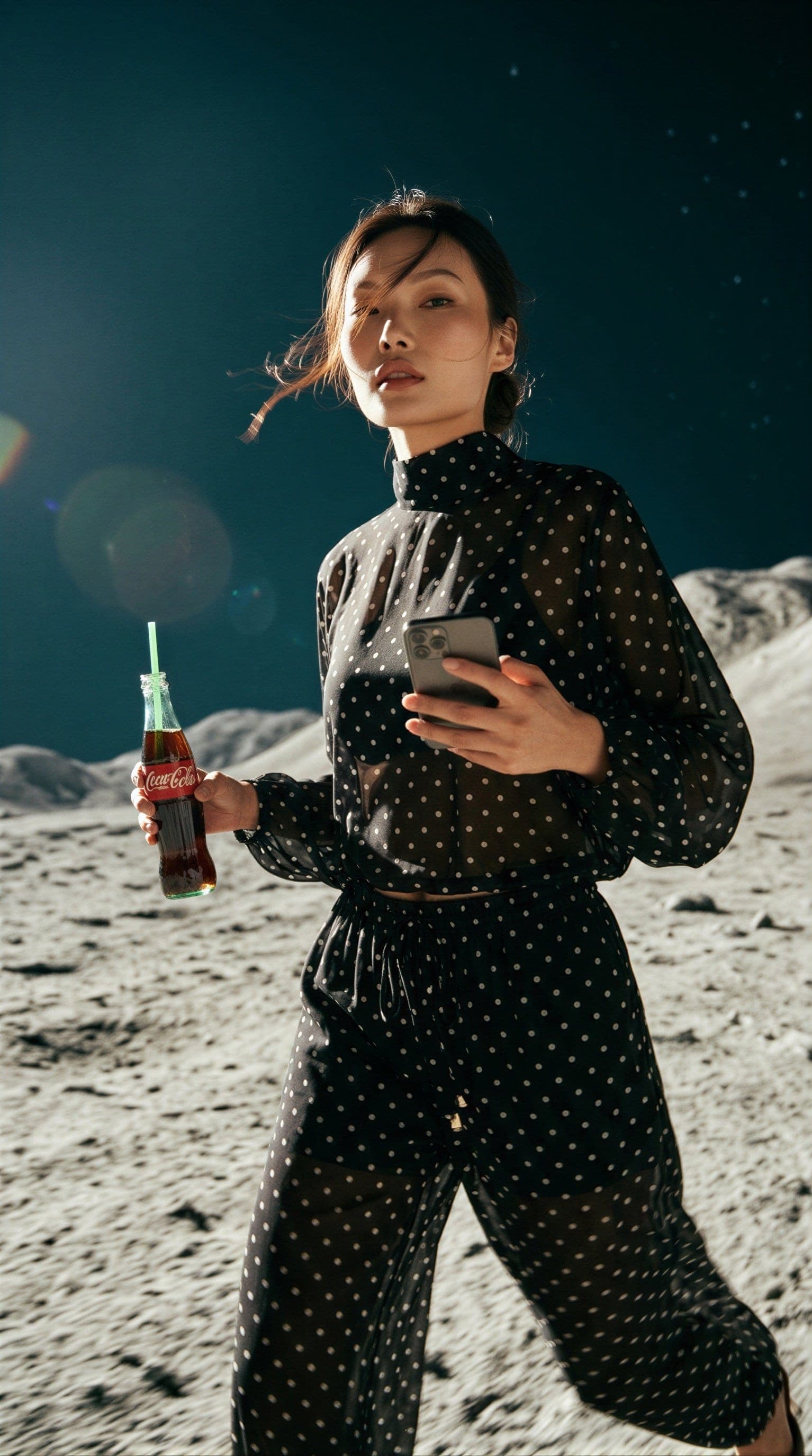 Série de imagens de moda em um cenário lunar, fora da Terra, fotografando o look de poá preto da coleção A Summer Story - Verão 2027, da marca Esmeral. Imagens criadas por Michelle Douglas, usando o OUR SPACE Studio, com as peças reais da coleção como referência.