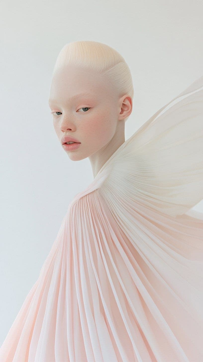 Plissado em degradê do branco ao rosa · série autoral criada com IA. Estudo de cor e movimento do arquivo vivo do OUR SPACE.