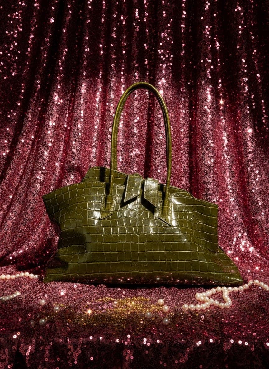Uma bolsa de couro croco verde-oliva da The Attico encenada em cenários distintos, do fundo do mar à escrivaninha. La Passegiata é um experimento de direção de produto criado com IA: o mesmo objeto, muitos mundos.