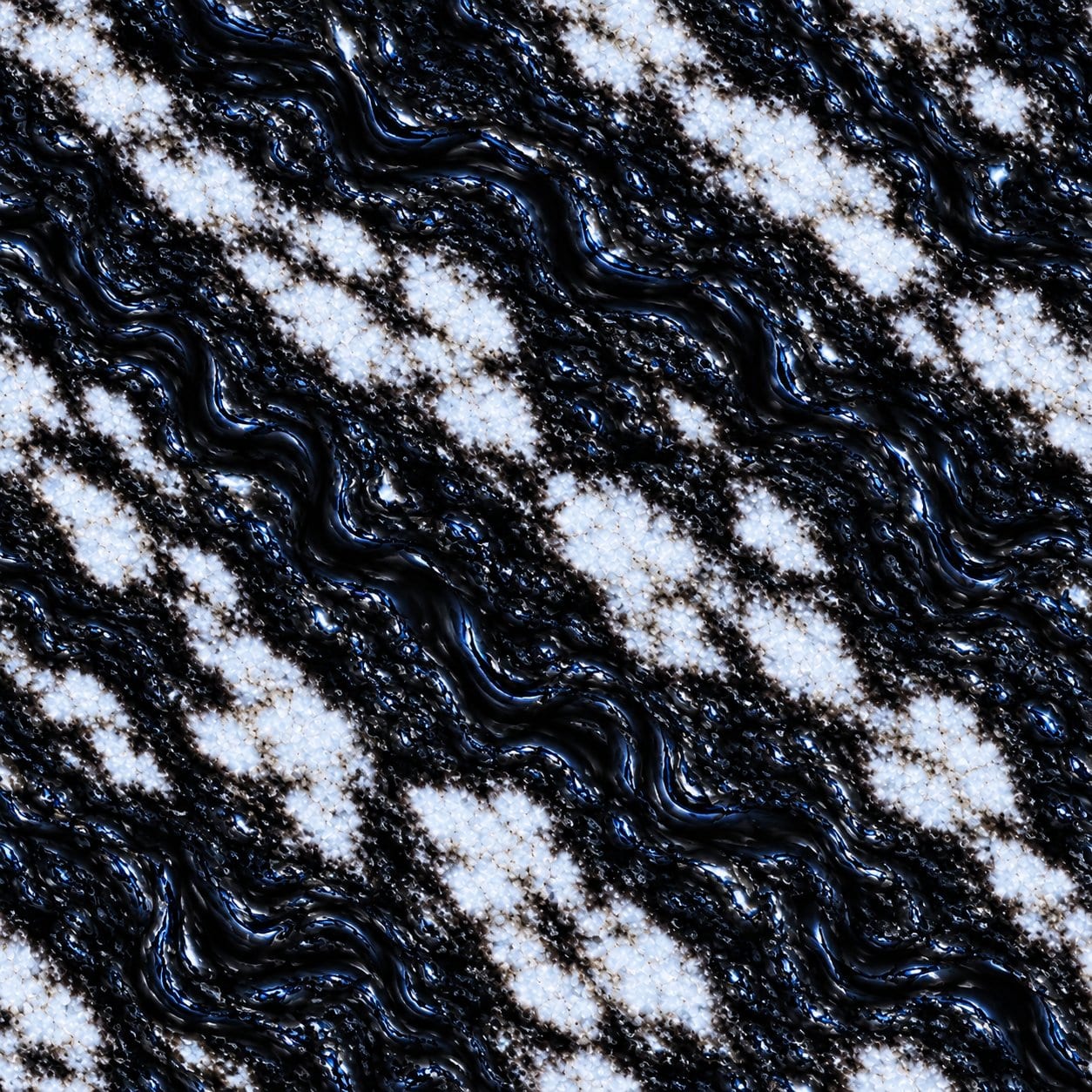 Primeira variação da estampa, com traços diagonais em azul sobre preto