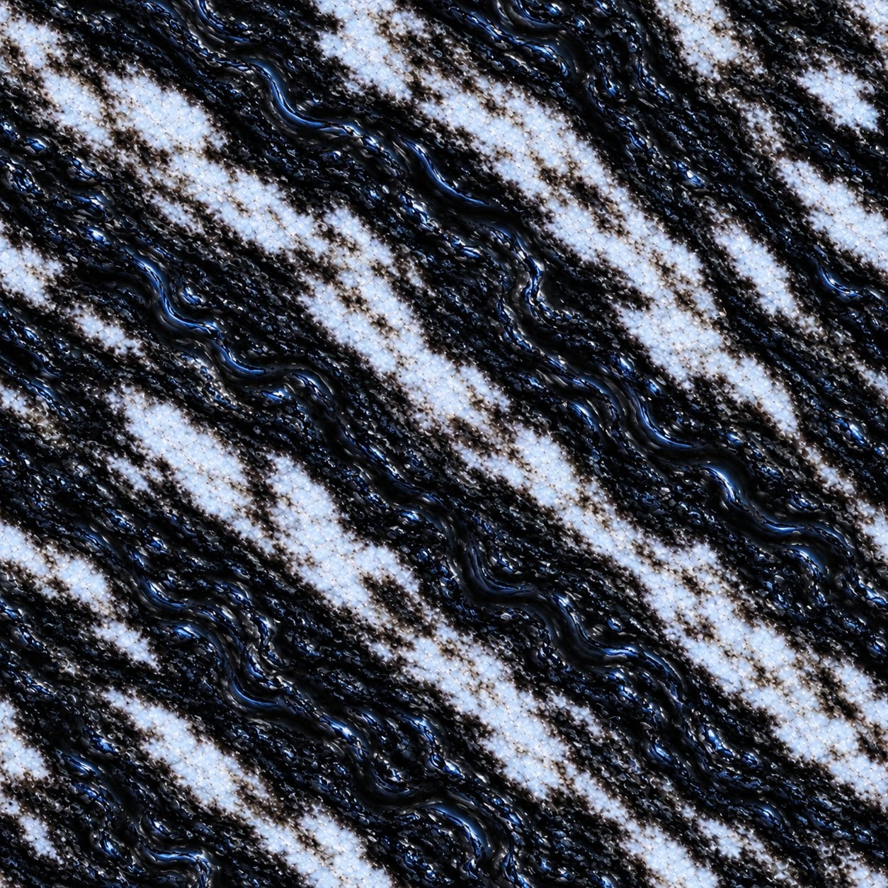 Segunda variação da estampa, mais densa, em preto, azul e branco